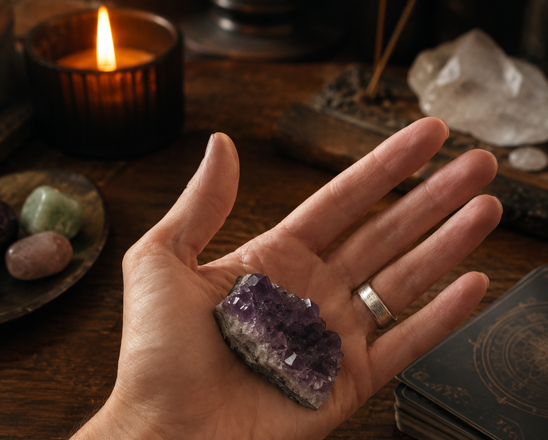 Hand holding an amethyst crystal cluster during an energy reading