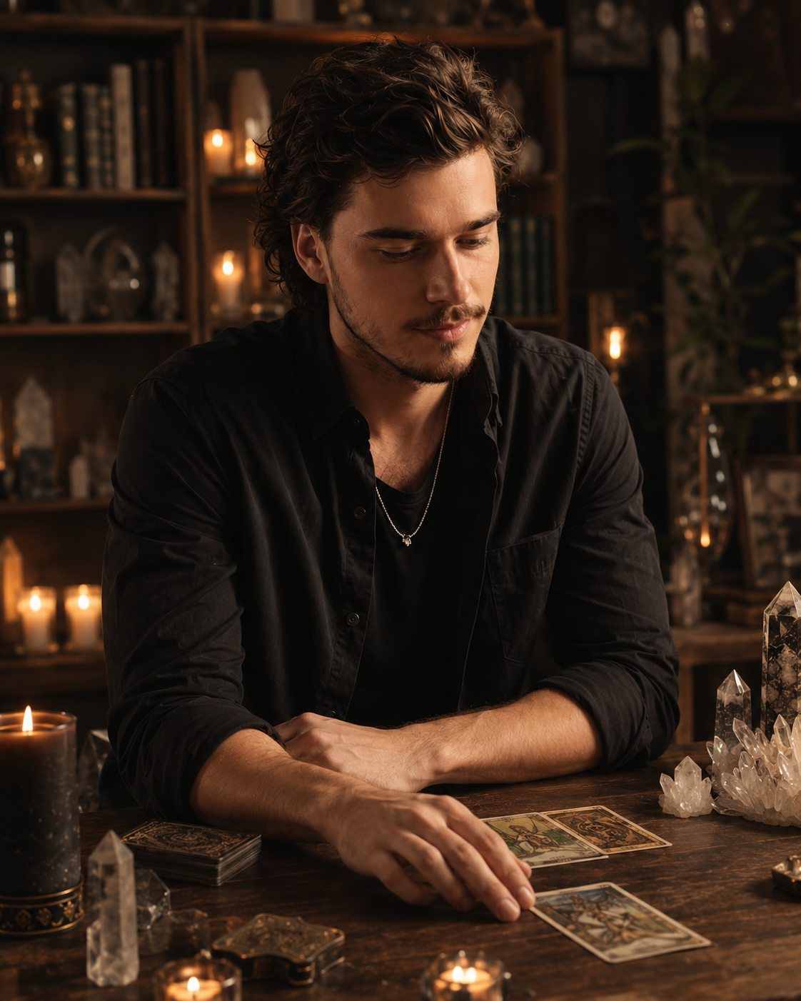Peter Sousa studying tarot cards during a reading session