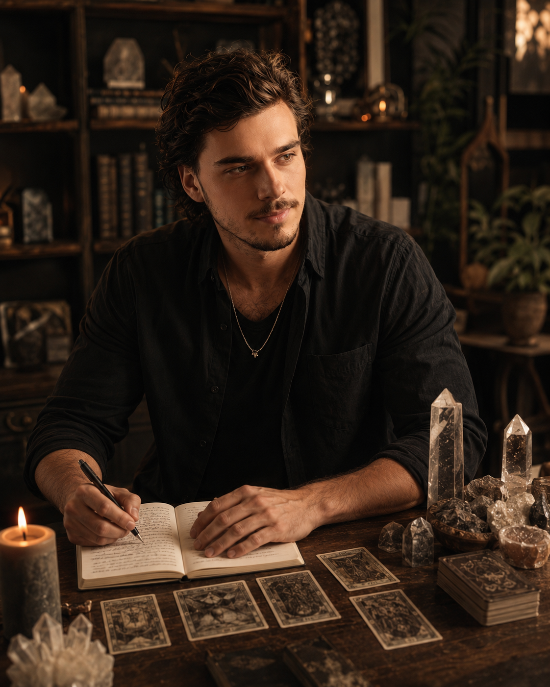 Peter Sousa writing reading notes with tarot cards and crystals on his desk